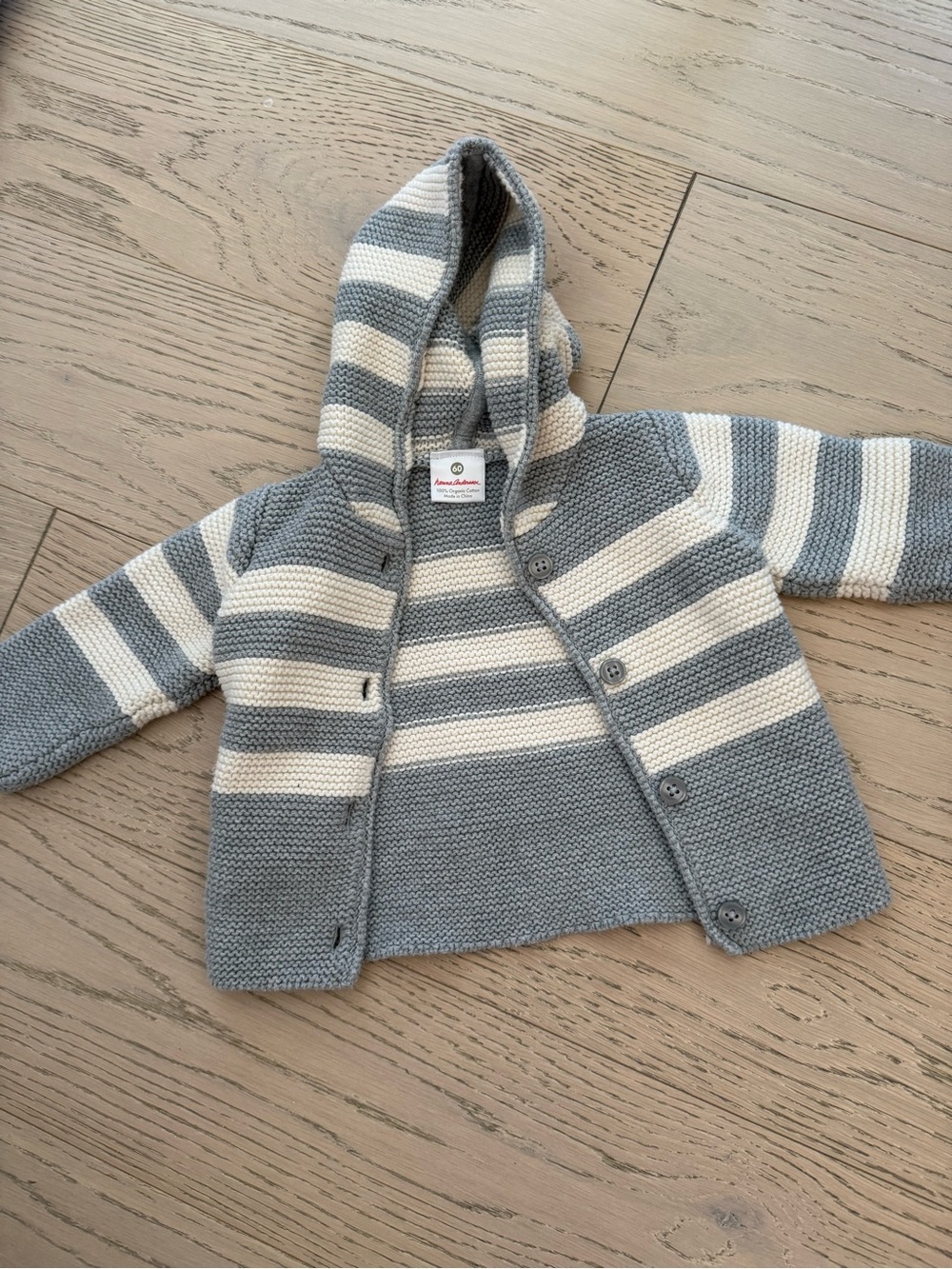 Hanna Andersson Gray and Cream Striped Hooded Knit Cardigan